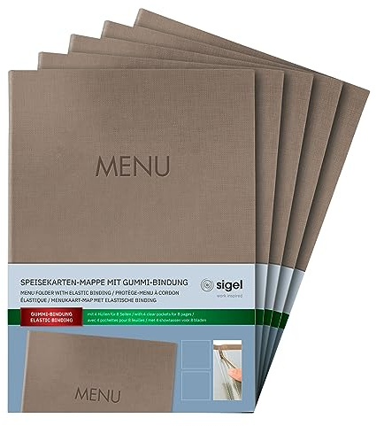 SIGEL Speisekartenmappe A4 mit Gummibindung 5er Pack Beige | SM210/5, Elegante Leinenoptik für professionelle Präsentation