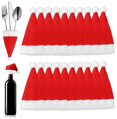 Amaxiu Lot de 20 porte-couverts de Noël, chapeaux de Père Noël, argenterie, chapeau, vaisselle