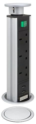 Pop Up Power Socket with 2 USB Charging Ports, Silver Top, 3 UK Plug Sockets Power Strip Hidden Kitchen Worktop P8083