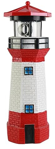 Solarbetriebener Leuchtturm Gartendekoration, Harz, Rotierend, Automatische Tag-Nacht-Erkennung, Wasserdicht, für Außenbereich und Landschaftsbeleuchtung, Rot