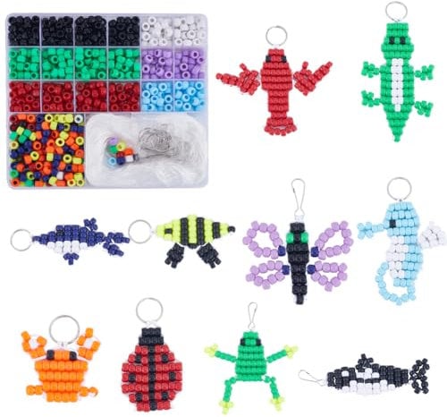 SUNNYCLUE 1 Box DIY 10 Sets Bead Animals Keychain Kit 8mm Large Hole Pony Beads Pets Animal Shapes Red Green Color Gecko Lizard Beading Animal Bead Pet Key Chains Polyester Cord String for DIY Crafts