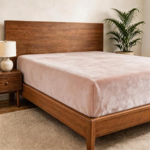 Cathay Home Queen Flannel-Plush Fur Fitted Sheet - Ultra Soft & Thick Plush Fur - All Season Cozy Warmth - 12 Deep Pocket Fitted Sheet Only (Queen, Blush)