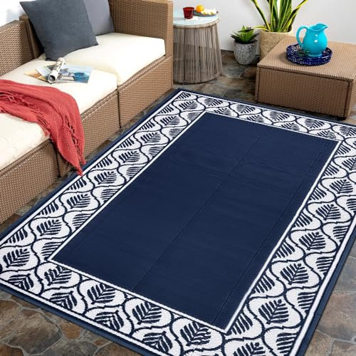 Yamaziot Outdoor-Teppich, wasserdicht, wendbar, Kunststoff, Strohteppich, groß, Outdoor-Teppich, Matten, Wohnmobil, Picknick, Hinterhof, Balkon, Veranda, Strand, Dunkelblau