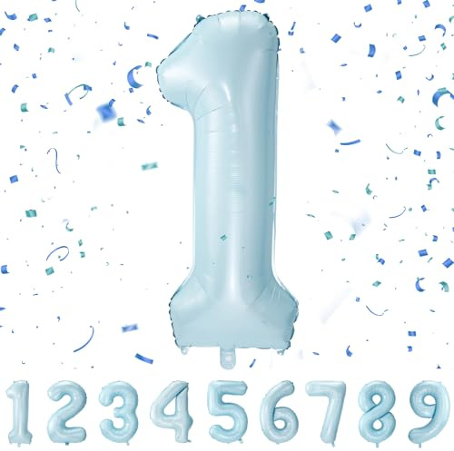 Geburtstag zahlen luftballon 1 jahre | Folienballon Kindergeburtstag Deko 1 XXL Pastel Blau-Riesen Folienballon in 40 - 101cm Geburtstagsdeko - Ballon Zahl Deko zum Geburtstag QBlue1