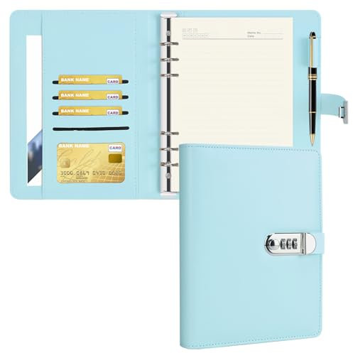 A5-Ringbuch-Notizbuch, Leder, 6 Ringe, A5-Ordner mit Zahlenschloss, A5-Nachfüllpapiere für Reisebinder, Tagebuch, persönlicher Planer, Blau