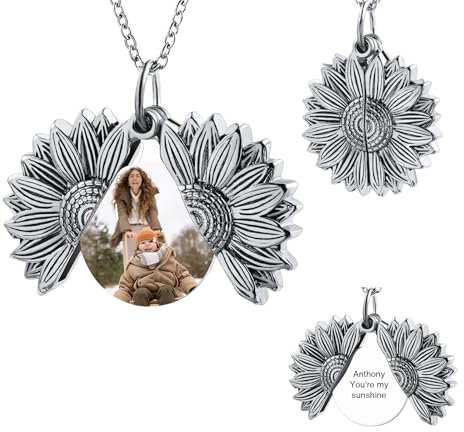 OTXIXTO Personalisierte Foto Silber Sonnenblumen Medaillon Halskette für Frauen Damen Medaillon Gedenkhalskette mit Bild/Text Innen Denkmal Sonnenschein Schmuck Geschenk für Freundin Mutter (Stil A)