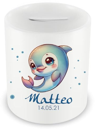 Samunshi® Kinder Spardose mit Namen und Süßer Delfin als Motiv für Kinder - Jungen und Mädchen Sparschwein 330ml weiß