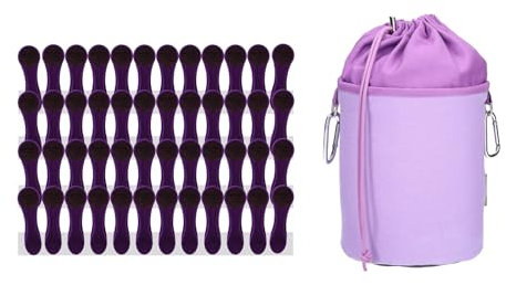 48 Wäscheklammern mit Spiralfedern Softgrip Lila Anthrazit und 1 bellaCott Wäscheklammerbeutel aus Canvas Flieder Grau