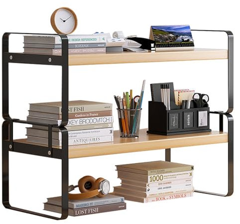Hggzeg Desk Shelf Organiser, 2 Tier Wood Desktop Bookcase, Multipurpose Display Bookshelf Storage Rack for Home Office School (Black+Log color)