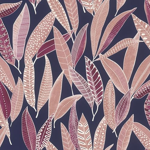 Rasch Tapeten 865615 - Vliestapete mit länglichen Blättern in Blau und Rosa aus der Kollektion Symphony - 10,05 m x 0,53 m (LxB)