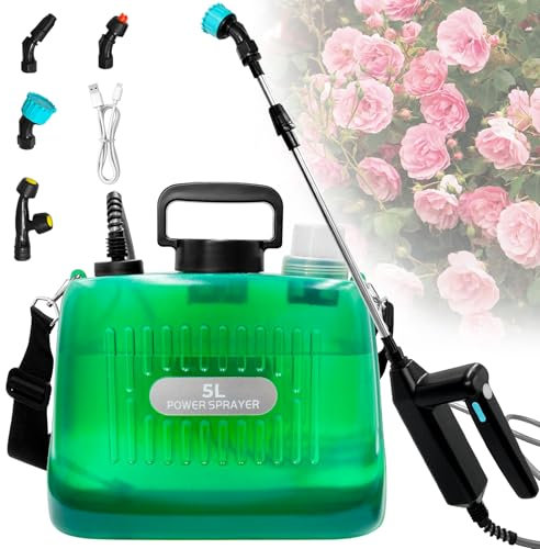 TOFFCAEA Drucksprüher 5 Liter, Elektrisches Drucksprühgerät, Einziehbarer Sprühstab, Verstellbarer Schultergurt, mit 4 Nebeldüsen, USB Wiederaufladbarer Griff, für Garten/Weingut/Rasen (5L)