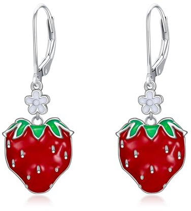 LONAGO Erdbeer Ohrringe für Damen 925 Sterling Silber Rote Erdbeere Obst Tropfen Anhänger Ohrringe