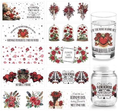arricraft 10 Blatt „Rose Love“ UV DTF Becherfolie Für 16 Unzen Gläser Red June Roses Pistolenschwert Abziehbilder Zum Aufreiben „The Love Life Never Declines“ Transferaufkleber