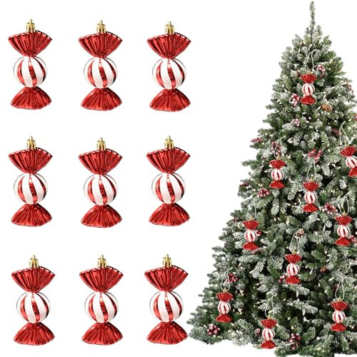 12Pcs Christmas Glitter Candy Ornaments,Plastic Xmas Candy Christmas Tree Pendant,Hanging Decoration for Xmas Nwe Year Winter Home Party Supplies (Red)