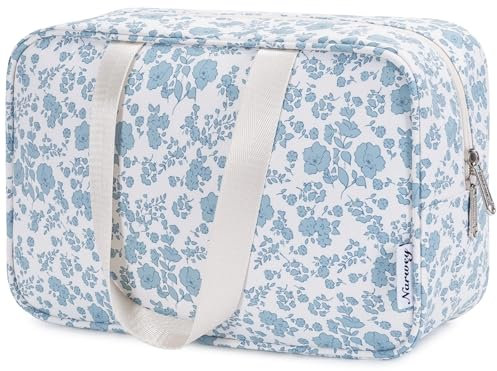 Narwey Trousse de Toilette Voyage Grande Trousse Maquillage Organisateur Accessoires Sac de Toilette Trousse Toilette Hommes Femmes (Petite Fleur Bleue)