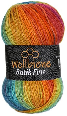 Wollbiene Batik Fine 100 Gramm Wolle mit Farbverlauf mehrfarbig Multicolor Strickwolle Häkelwolle (2060 beere orange grün türkis)