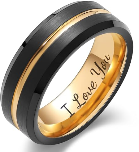 LerchPhi Mens 8MM Black Tungsten Wedding Band with Gold Groove, Engraved I Love You, Durable Scratch-Resistant Comfort Fit Ring Size 10