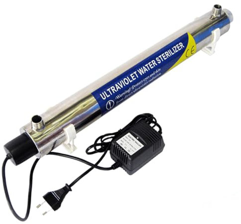 AcquaHOME® STERILIZZATORE UV 25W CON LAMPADA 2+2PIN G13 IN/OUT 1/2 - DEBATTERIZZATORE IN ACCIAIO COMPLETO PER DISINFEZIONE ACQUA CON RAGGI UV - PORTATA 1400 L/ORA - ELIMINA I BATTERI DALL' ACQUA