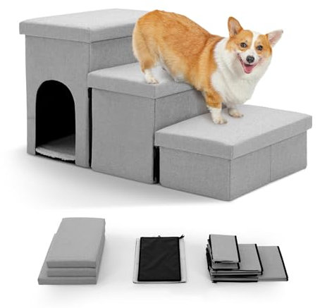 The Fellie Dog Steps for Bed, Dog Stairs for Small Medium Dogs Cats, Pet Stairs with Storage and Condo, 3-Steps Folding Dog Ramp, Non-Slip Safety Dog Steps for Old & Injured Pets, Grey, 80x43x42cm
