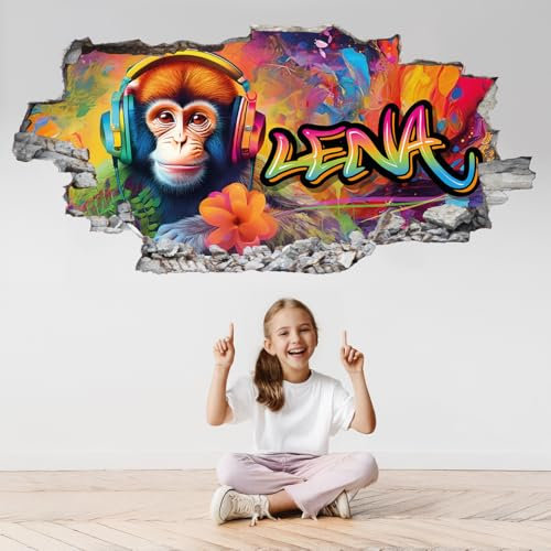 tjapalo® p96 personalisiertes Wandtattoo Graffiti Name Wandaufkleber Kinderzimmer Mädchen wandtattoo Teenager Cool 3D Wandtattoo Kinderzimmer Mädchen Name Wandtattoo Affen