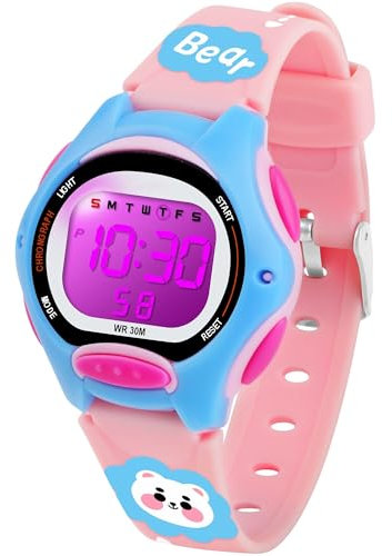DTKID Digitaluhr Kinder, 7 Farben Kinderuhr Junge Mädchen, 3 ATM wasserdichte Sports Outdoor Armbanduhr Kinder Mit Timer, Wecker, Kalender
