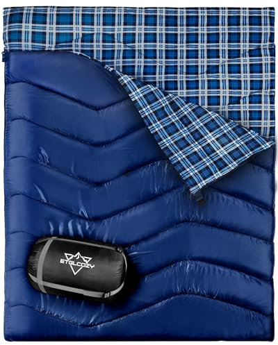 Double Sleeping Bag Flannel for Adults Kids, XL Queen Size 2 Person Sleeping Bags for All Seasons Couples Family Camping Hiking Backpacking and Outdoors, Waterproof, Lightweight
