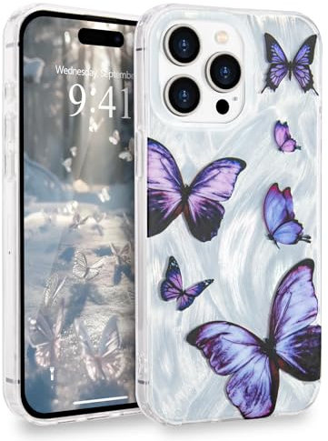 L-FADNUT for iPhone 14 Pro Max Case for Women Girls, Glitter Silver Cute Butterfly Pattern Phone Case, Trendy Shiny Soft Slim Protective TPU Anti-scratch Aesthetic Cover for iPhone 14 Pro Max, Purple