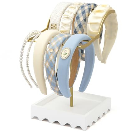 Lampaggio 2-stufiger Goldener Stirnbandhalterständer, Haarband-Präsentationsständer aus Metall mit Aufbewahrungsfach für Accessoires aus weißem Holz für Mädchen, Frauen