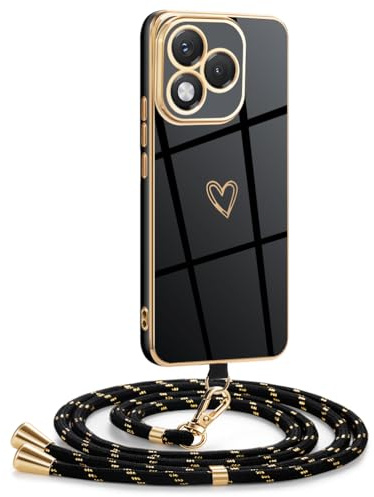 Mkej Coque pour Honor 400 Lite avec Cordon, Coque avec Collier Motif Coeur d'amour Silicone Galvanisé Housse, Réglable Amovible de Cordon Case pour Honor 400 Lite, Or Noir