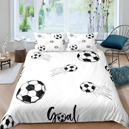 richhome Set di biancheria da letto per bambini con copripiumino a tema calcio, per bambini e uomini, colore nero e bianco