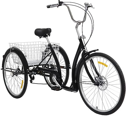 26 Zoll 3 Räder Dreirad Erwachsene, 6 Gang Dreirad für Erwachsene mit Korb, Verstellbarer Sitz 84-96cm, Maximale Sitzbelastung 120kg, Schwarz