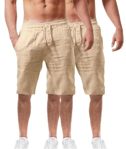 Lot de 2 shorts d'été en coton et lin pour homme - Taille élastique - Pour la randonnée, le travail - Avec poches - Léger - Longueur genou - Bermuda cargo - Pantalon de détente - Pantalon respirant de