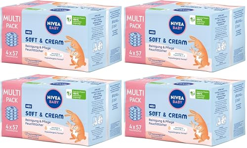 NIVEA BABY Soft & Cream Feuchttücher, Baby Feuchttücher zur sanften Reinigung empfindlicher Babyhaut, hypoallergene Feuchttücher für Babys mit Mandelöl und Vitaminen (4 x 57 Stück) (Packung mit 4)