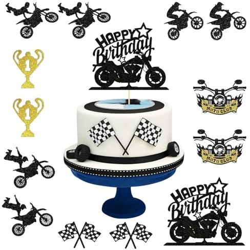 LEIIERUY Motorrad Torten Deko Geburtstagsfeier – 13 Stück Cake Topper Set mit Glitzer Happy Birthday Dekoration, Schwarze Motorrad-Designs, Perfekt für Racing Themen, Kindergeburtstag & Partys