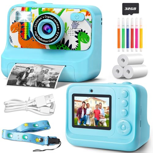 NXPZ Appareil Photo Instantané Enfants, Caméra HD 1080P avec Écran de 2,4 Pouces, Avec Carte 32GB, 3 Rouleaux de Papier Photo et Crayons de Couleur, pour Filles et Garçons de 3 à 12 Ans (Bleu, mignon)