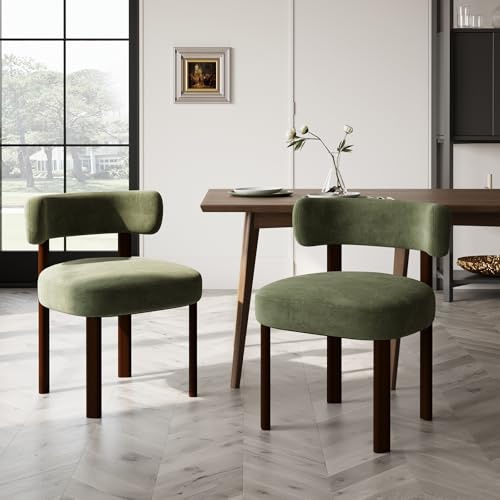 COLAMY Mid-Century Modern Design Sherpa Esszimmerstühle 2er Set, Vintage Landhaus-Stil Bouclé Küchenstühle mit offener geschwungener Rückenlehne für Esszimmer, Restaurant, Grün