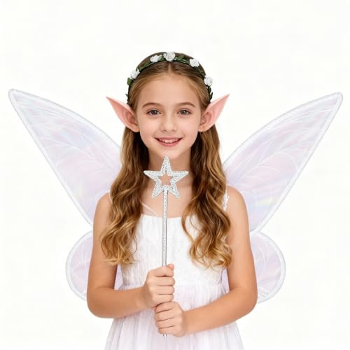 shyhand Feenflügel Erwachsene Kinder, Schmetterlingsflügel Feen Kostüm Damen Mädchen mit Feenstäbe Blumenkranz Elfenohren für Karneval Halloween Weihnachten Geburtstag Cosplay Themed Party (Weiß)