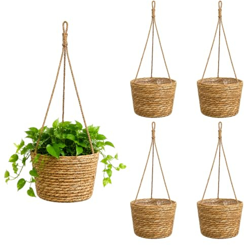 Bofanze 4 Pezzi Cesto in Corda per Piante da Appendere Vaso per Piante | 20 cm, macramè, per esterni/interni, per piante da appartamento, balcone e cucina