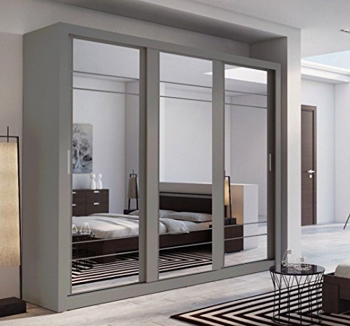 Arthauss Modern Bedroom Mirrored Sliding Door Wardrobe ARTI 2 in Elegant Grey 250cm - Flat Pack Mirrored Wardrobe with Hanging Rails and Spacious Drawers - Ideal for Compact Spaces