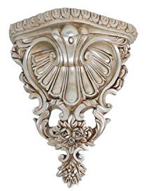 DRULINE Wandkonsole Barock - Wanddekoration - Wandablage - Stuckkonsole – B/H/T ca. 15,5 x 18,5 x 8 cm – Kunstharz Silber/antik gewischt