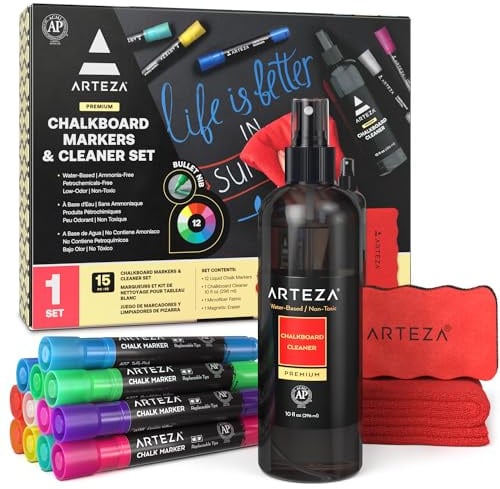 Arteza Chalkboard Cleaner Set with 12 Assorted Color Chalk Markers, Magnetic Eraser, 296 ml Cleaner & Microfiber Fabric Towel for Blackboards, Chalkboards, and Menu Boards