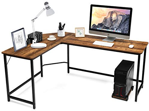 DREAMADE Schreibtisch Computertisch in L-Form, Bürotisch Eckschreibtisch aus Holz und Stahl, Winkelschreibtisch für Zuhause Büro (Braun)
