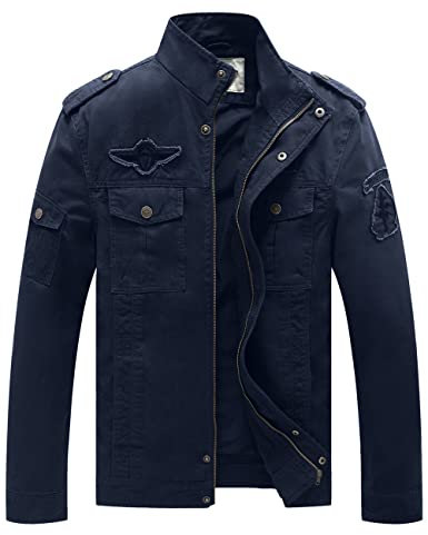 WenVen Homme Veste Style Militaire Printemps Coupe-Vent Veste Zippée Veste Cargo Classique en Coton Manteau Décontracté Casual Blouson Multipoches Bleu M