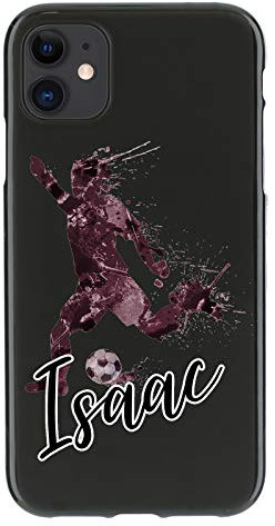 Personalised Phone Case For Apple iPhone 16, 15, 14,13, 12, 11, Pro Max, Mini, XR, XS, SE Dark Burgundy Red Marble Football Phone Case with Name on Soft Black Gel TPU Phone Cover