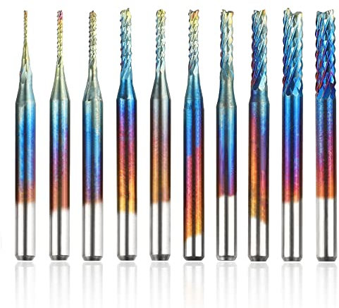 Mesee 10 Pieces Nano Blue Coat End Mill CNC Router Bits, 1/8 Inch Shank Carbide End Milling Cutter Engraving Bit Rotary Burrs Tool Set for PCB Mould Plastic Fiber Carbon Fiber, 0.8-3.175mm
