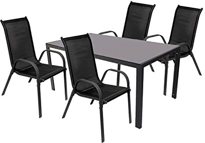 Mojawo Hochwertige Gartengarnitur 5-teilig Glastisch 160x90cm mit Glasplatte + 4 Stapelstühle Textilen Anthrazit