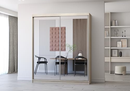 Fabryka Mebli Idźczak Kleiderschrank mit Spiegel, Schiebetüren - Schwebetürenschrank, Schlafzimmerschrank - 61 x 183 x 218 cm - Weiß, Sonoma Schrank für Schlafzimmer, Wohnzimmer, Garderobe