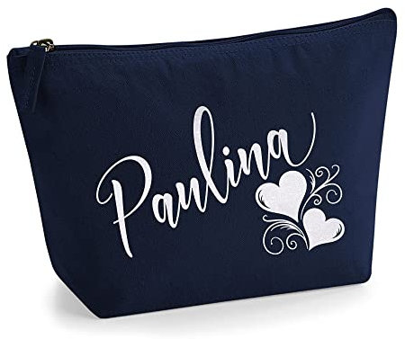 Personalisiert Name Initialen Herz Wirbel Kosmetiktasche Damen Schminktasche für Handtasche Makeup Tasche - Glitter oder Flocke Material Druck - Holo Weißer Glitzer - L | Marine Blau