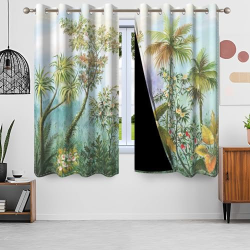 Gardinen Wald, Uiiooazy Vorhänge Boho Style Tropische Grün Blätter Pflanzen Thermovorhang Blickdicht Polyester Vorhang Verdunkelungsvorhäng mit Ösen für Schlafzimmer Wohnzimmer Kinderzimmer, 140x245cm