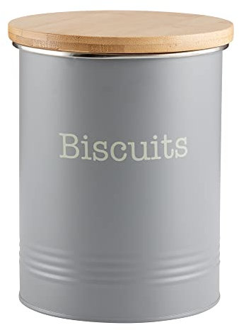 EHC Round Enamel Airtight Seal Cookie/Biscuit Kitchen Storage Canister Jar With Wooden Lid, Grey